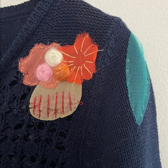 Anthropologie Mona Mabel navy cardigan with mixed media floral appliqués - Picture 6 of 16